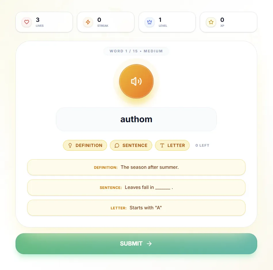 Spelling Bee game asking a child to spell a word from clues