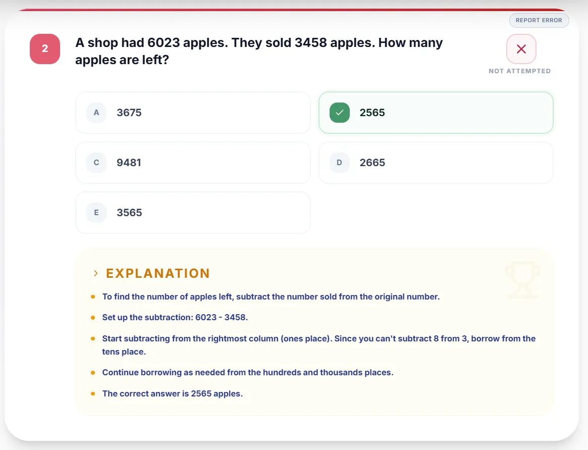 Maths question with the correct answer marked and a step-by-step explanation below