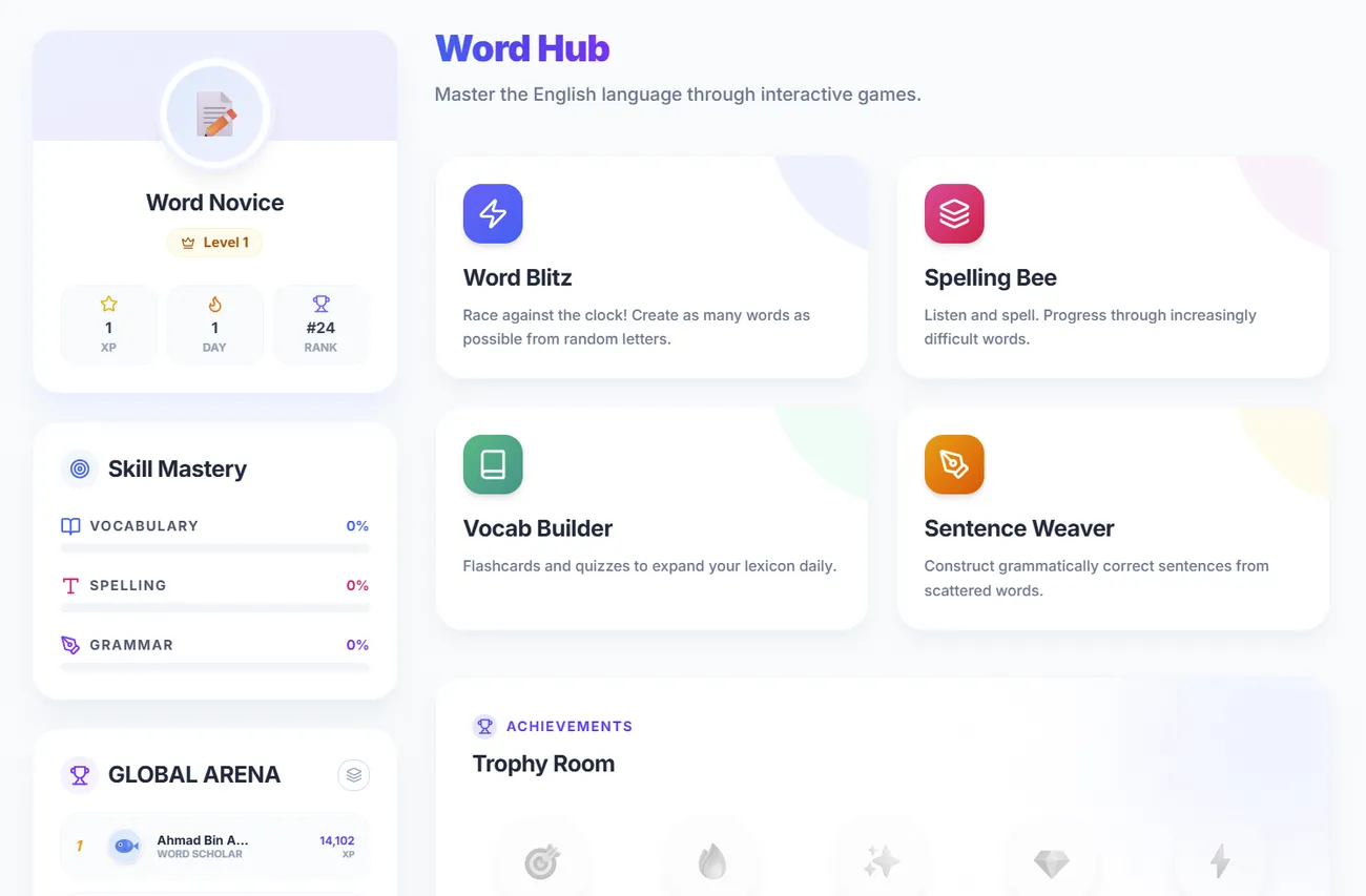 Word Hub screen with four English games, skill progress bars and a trophy room