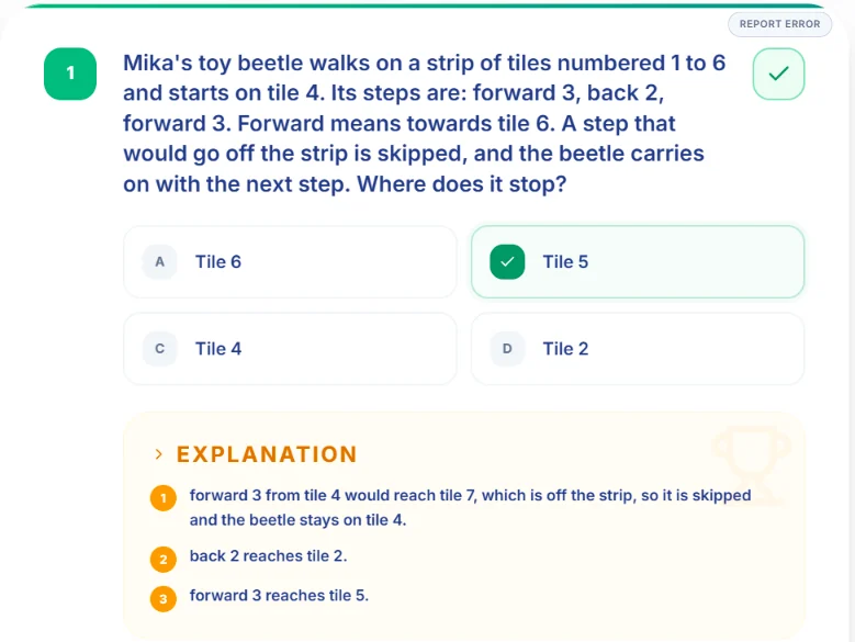 A Nexus worked explanation shown after a quiz, going step by step through an algorithms question about a toy beetle moving along a strip of tiles numbered 1 to 6.