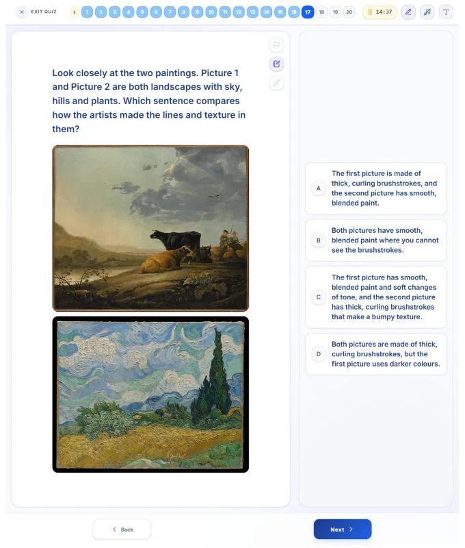 A Nexus art question showing two real paintings side by side, asking which sentence compares how the artists made the lines and texture in them. Four answer options are shown.