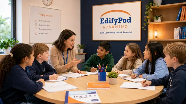A tutor leaning in to explain a question to six children around a table