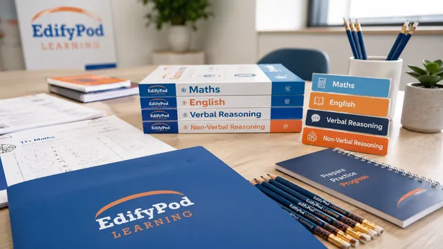 EdifyPod workbooks for Maths, English, Verbal Reasoning and Non-Verbal Reasoning on a desk