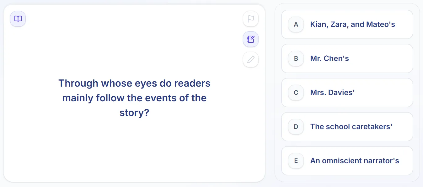A Nexus multiple choice English question about a story the child has read, asking through whose eyes readers mainly follow the events of the story. Five answer options are shown.